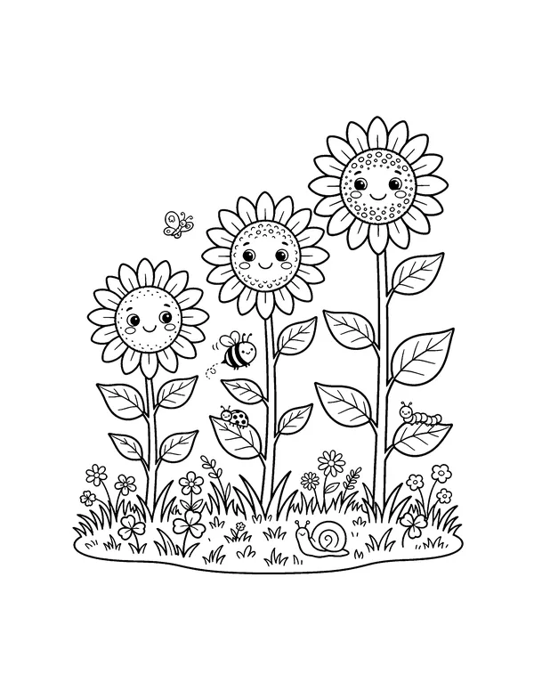 Three Smiling Sunflowers coloring page