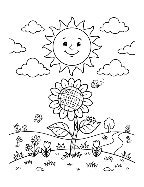 Sunflower and Smiling Sun coloring page