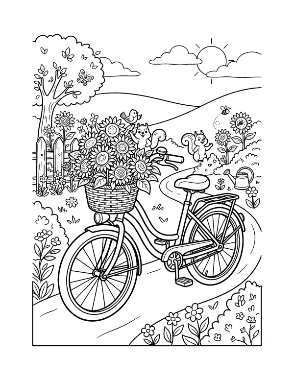 Bicycle with a Basket of Sunflowers coloring page