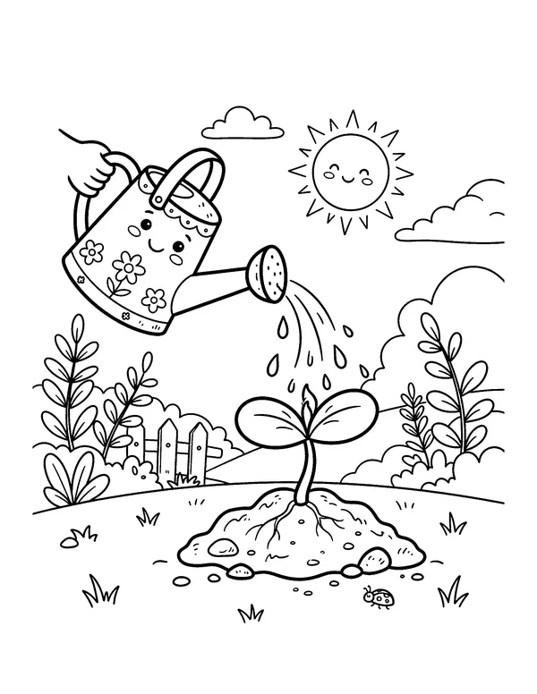 Watering a Sunflower Seedling coloring page