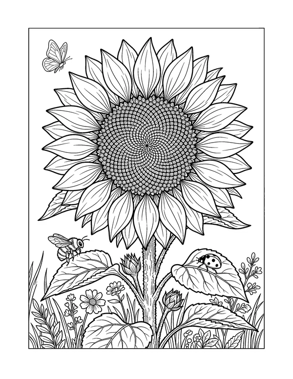 Detailed Sunflower Close-Up coloring page