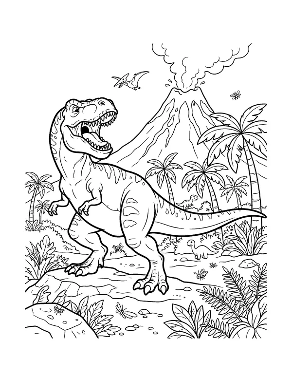 Roaring T-Rex and Volcano coloring page