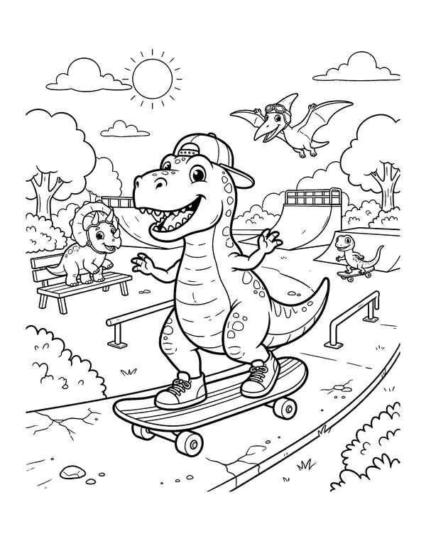 Skateboarding T-Rex coloring page