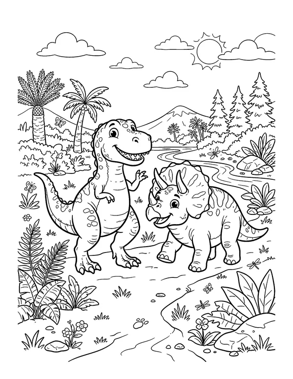 T-Rex and Triceratops Friends coloring page