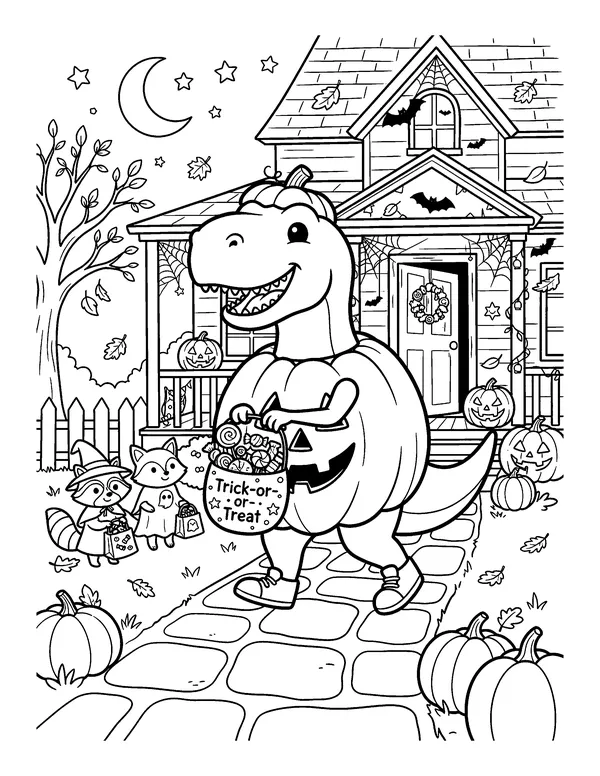 Trick-or-Treating T-Rex coloring page