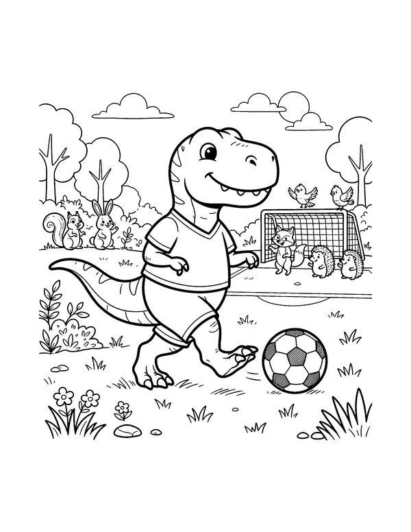 T-Rex Playing Soccer coloring page
