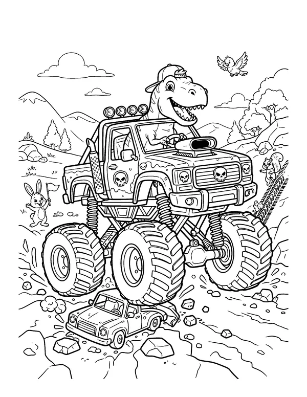 T-Rex Driving a Monster Truck coloring page