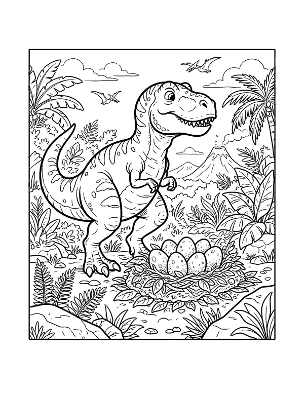 T-Rex Guarding Its Eggs coloring page