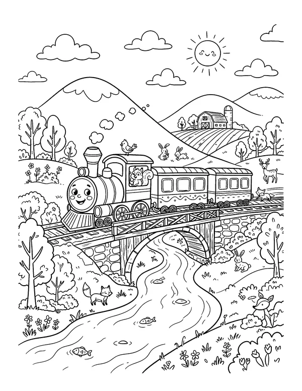 Train Crossing a Bridge coloring page