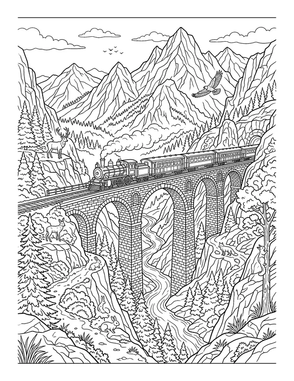 Train on a Mountain Viaduct coloring page