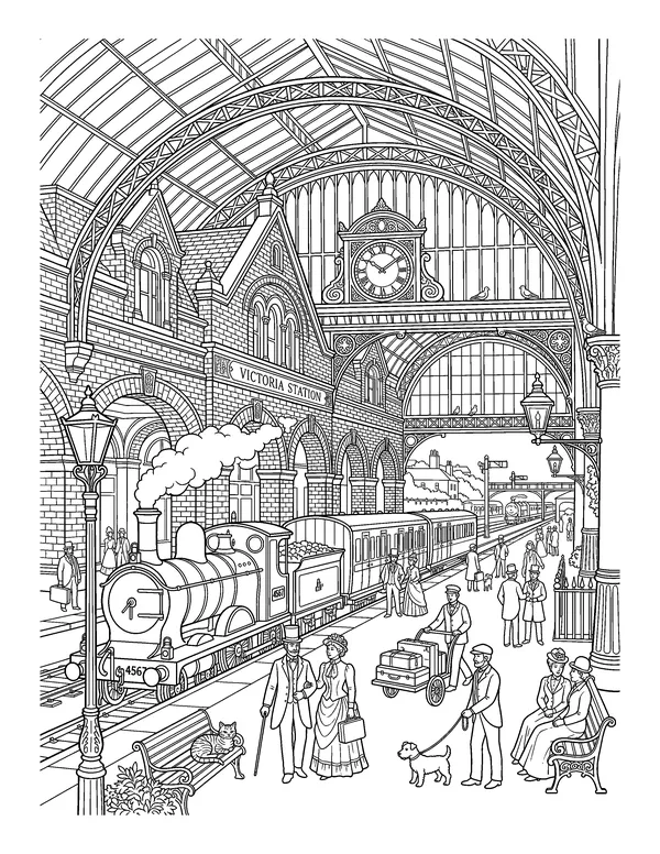 Victorian Train Station coloring page
