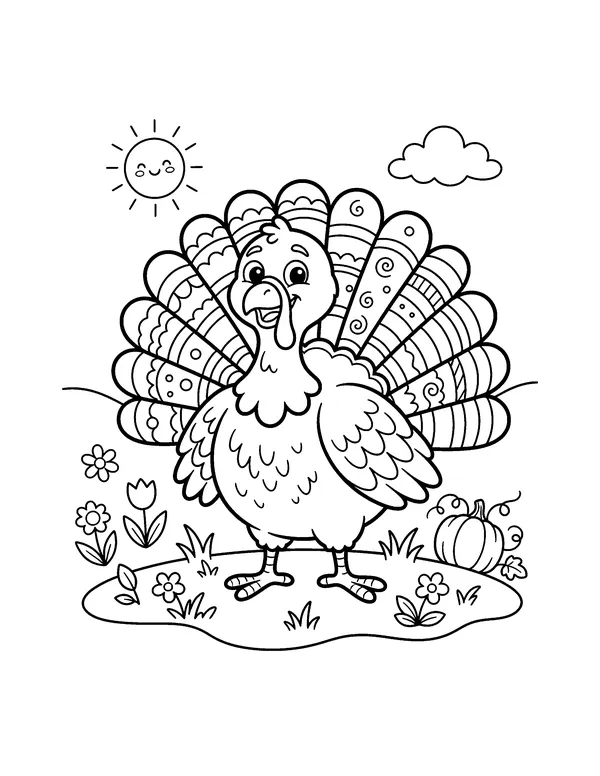 Happy Turkey with Patterned Feathers coloring page