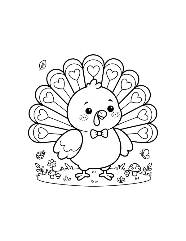 Kawaii Turkey with Heart Feathers coloring page