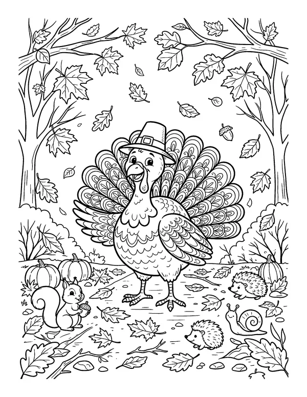 Turkey in Falling Leaves coloring page