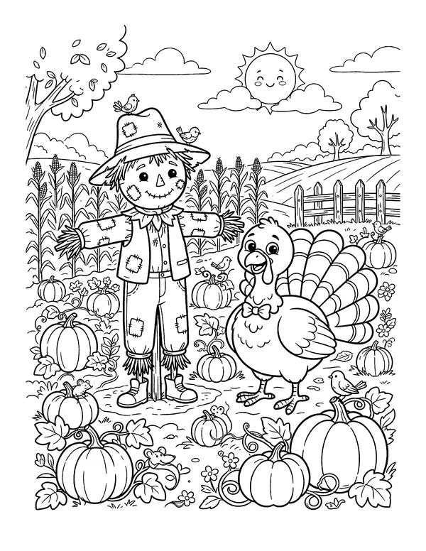 Turkey and Scarecrow Friends coloring page