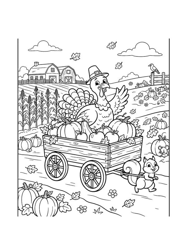 Turkey Riding a Pumpkin Wagon coloring page