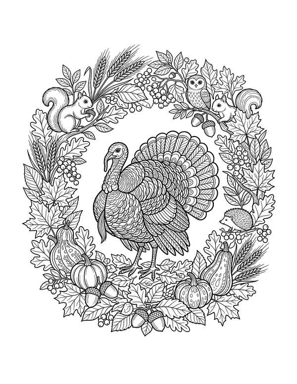 Turkey Harvest Wreath coloring page