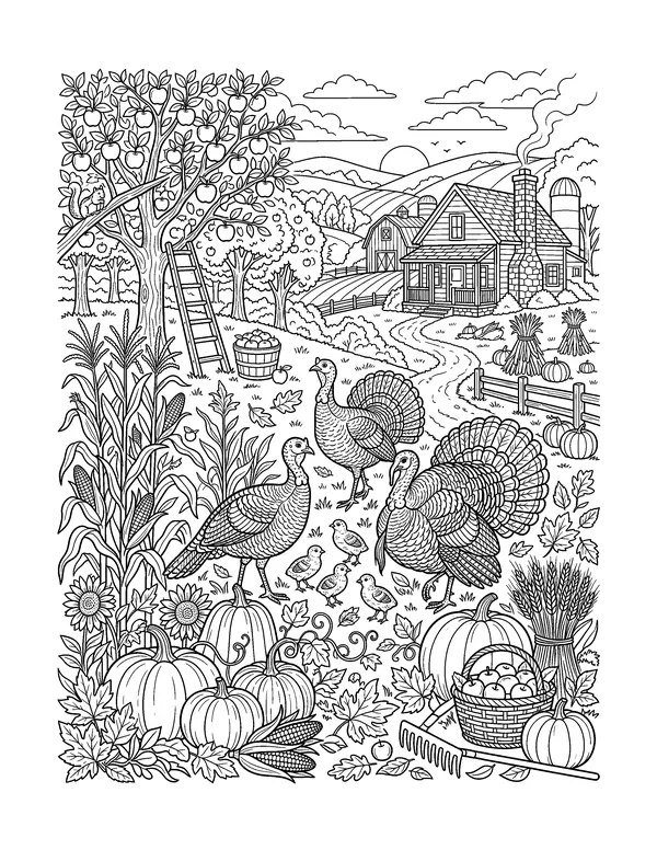 Thanksgiving Harvest Scene coloring page