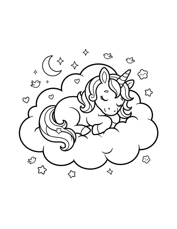 Baby Unicorn Sleeping on a Cloud coloring page