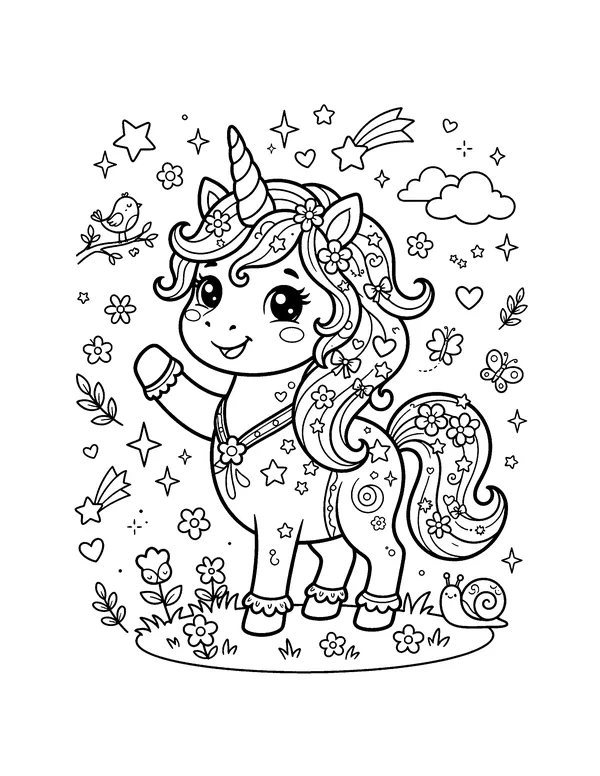 Kawaii Unicorn with Stars coloring page