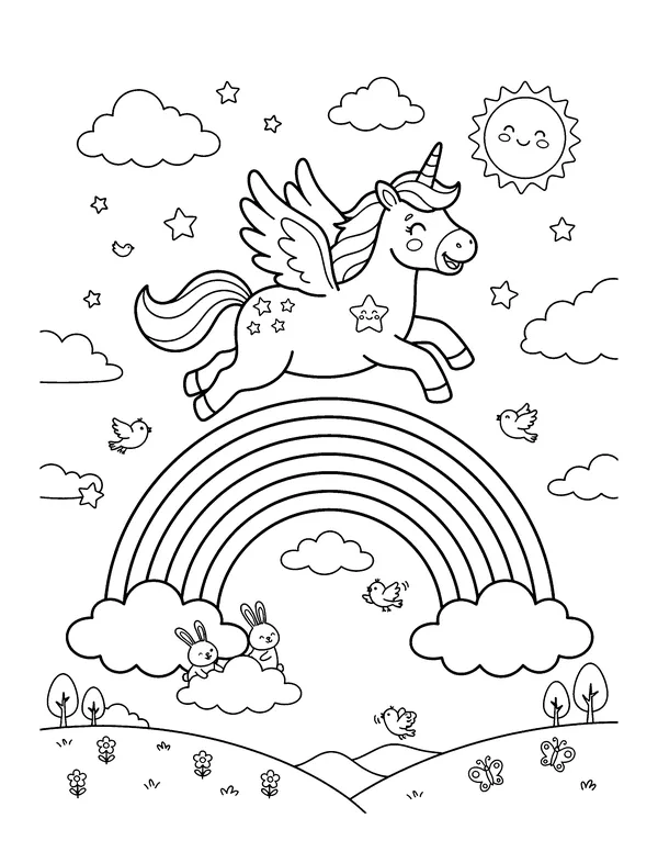 Unicorn Jumping Over a Rainbow coloring page