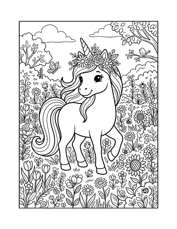 Unicorn with a Flower Crown coloring page
