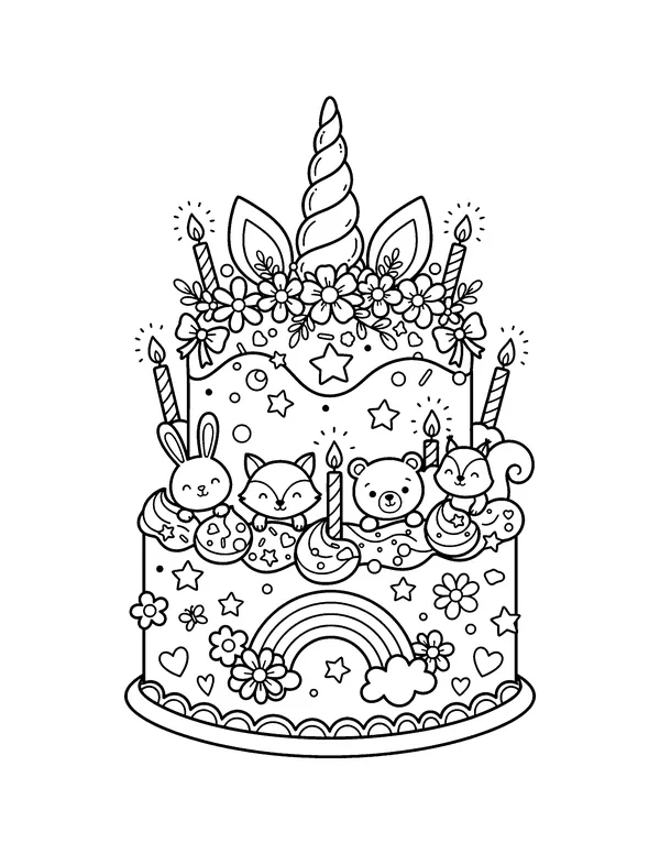 Unicorn Birthday Cake coloring page