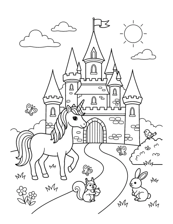 Unicorn at the Castle coloring page
