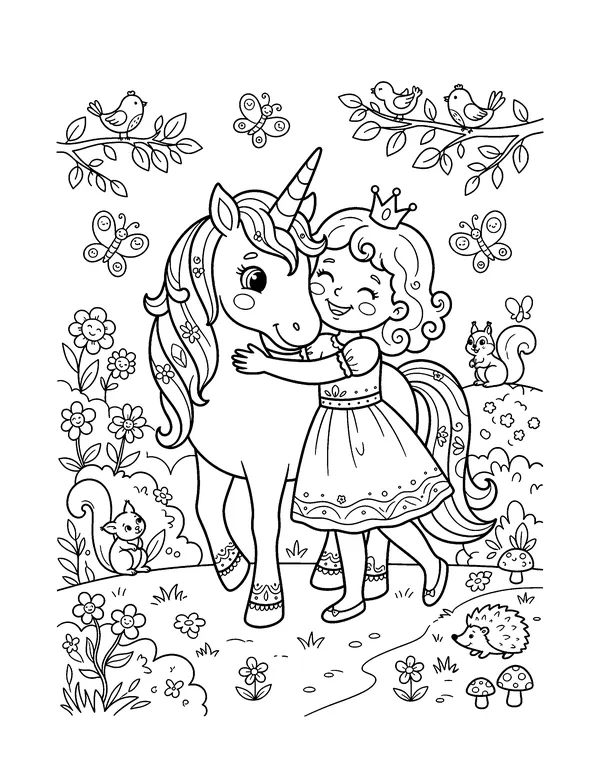 Princess Hugging Her Unicorn coloring page