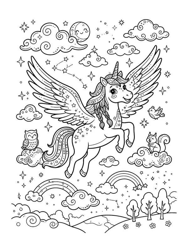 Winged Unicorn in the Clouds coloring page