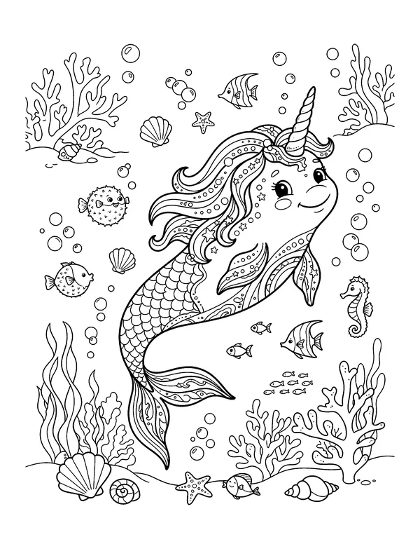 Sea Unicorn (Mermaid Unicorn) coloring page