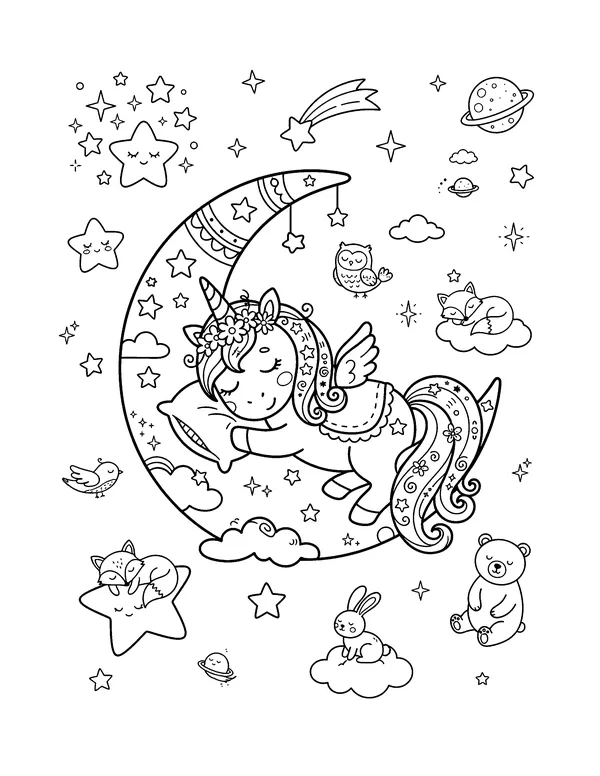 Unicorn on the Moon coloring page