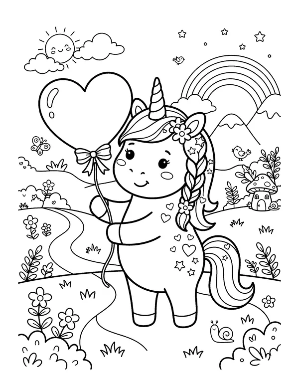 Unicorn with a Heart Balloon coloring page