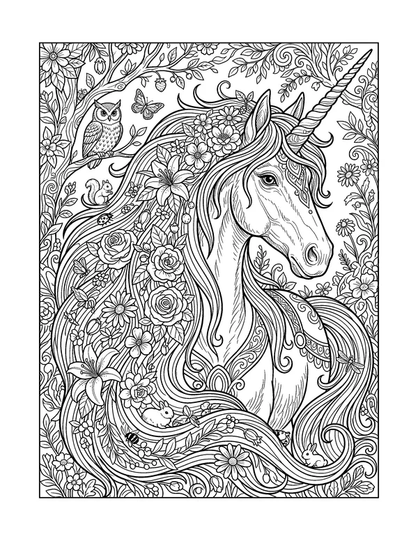 Unicorn Portrait with Flowers coloring page