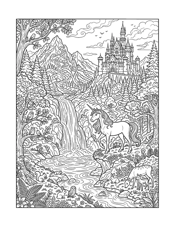 Unicorn by the Waterfall coloring page