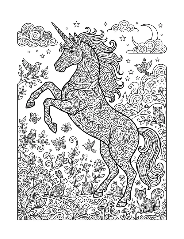 Zentangle Rearing Unicorn coloring page